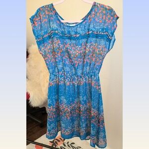 Sheer Teal-blue Floral and Leaf Chiffon Dress - M